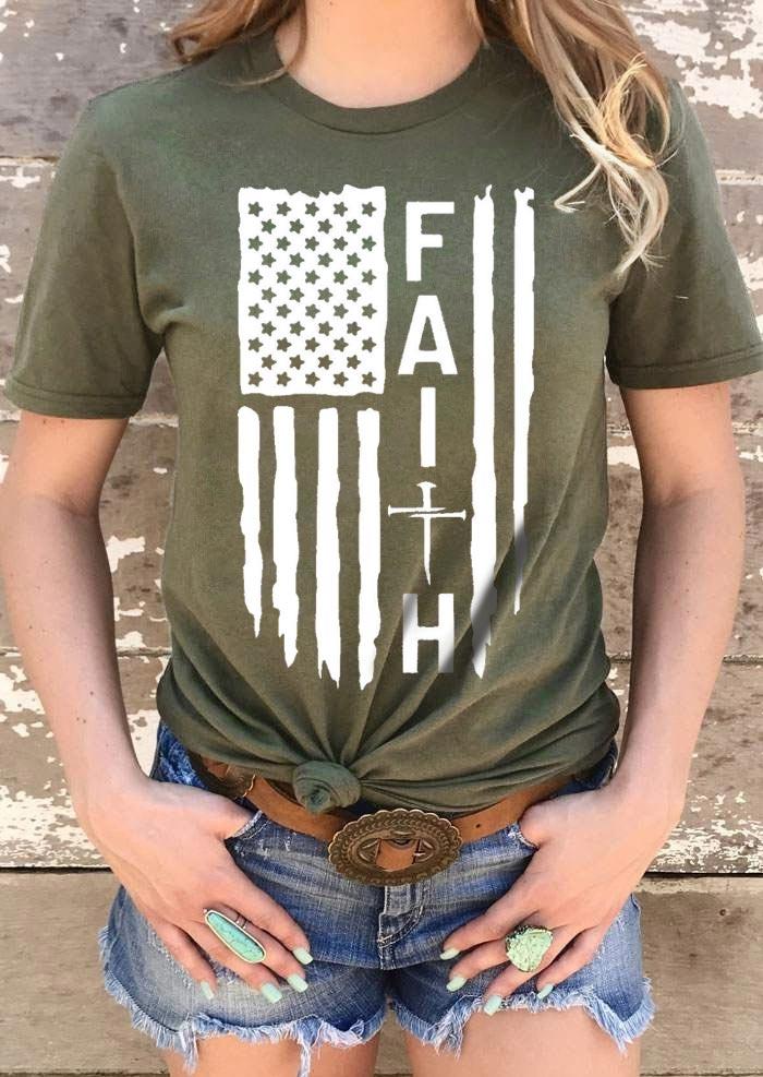 

Faith American Flag Star Striped T-Shirt Tee - Army Green, 504415