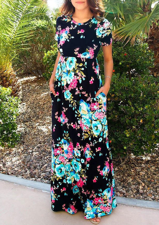 

Floral Leaf Ruffled Pocket Maxi Dress, Multicolor, 504416