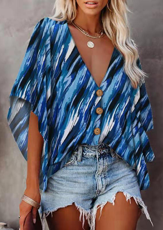 

Button V-Neck Ruffled Blouse - Blue, 503894