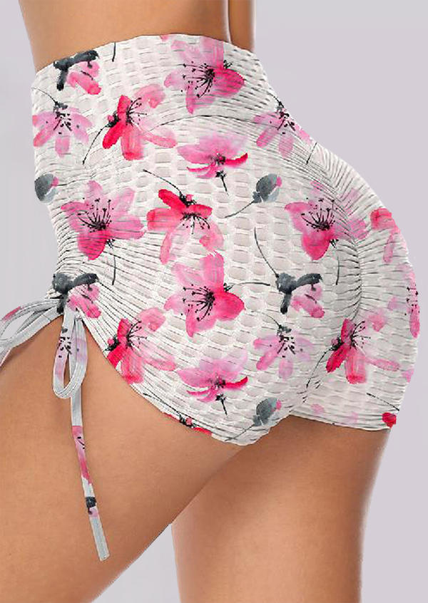 

Floral Ruffled Drawstring Elastic Waist Yoga Sports Shorts, Multicolor, 504198