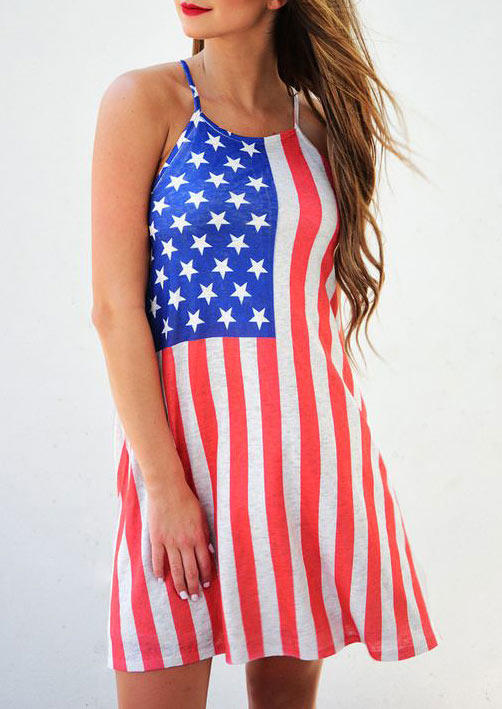 

American Flag Star Striped Spaghetti Strap Mini Dress, Multicolor, 504301