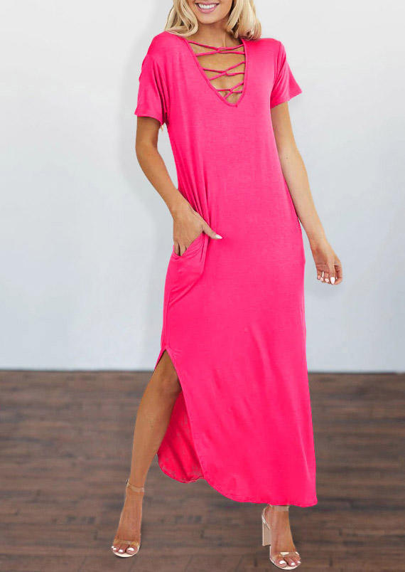

Criss-Cross Slit Pocket Maxi Dress - Rose Red, 504324
