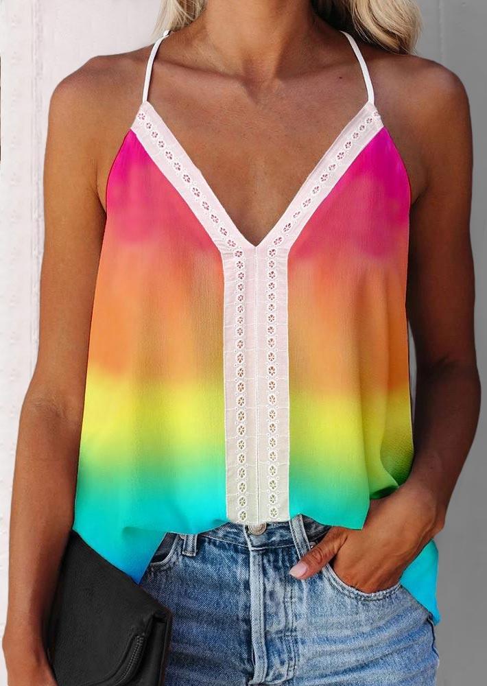 

Rainbow Gradient Hollow Out Halter Camisole, Multicolor, 504334
