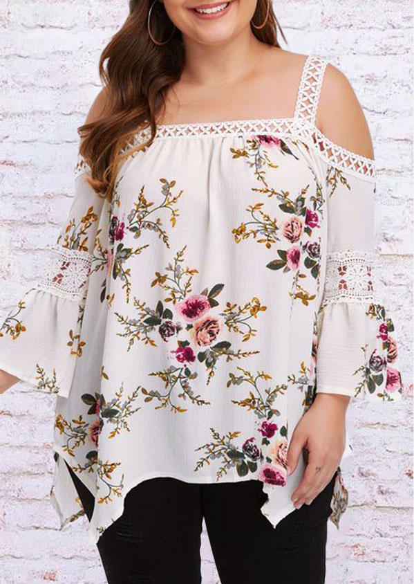 

Plus Size Floral Lace Splicing Blouse - White, 504353