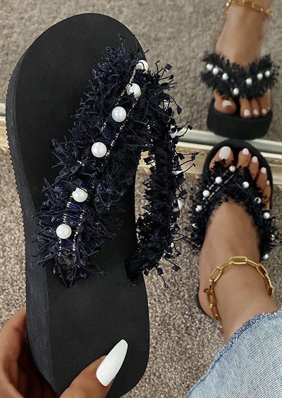 

Pearl Tassel Flip Flop Slippers - Black, 504400