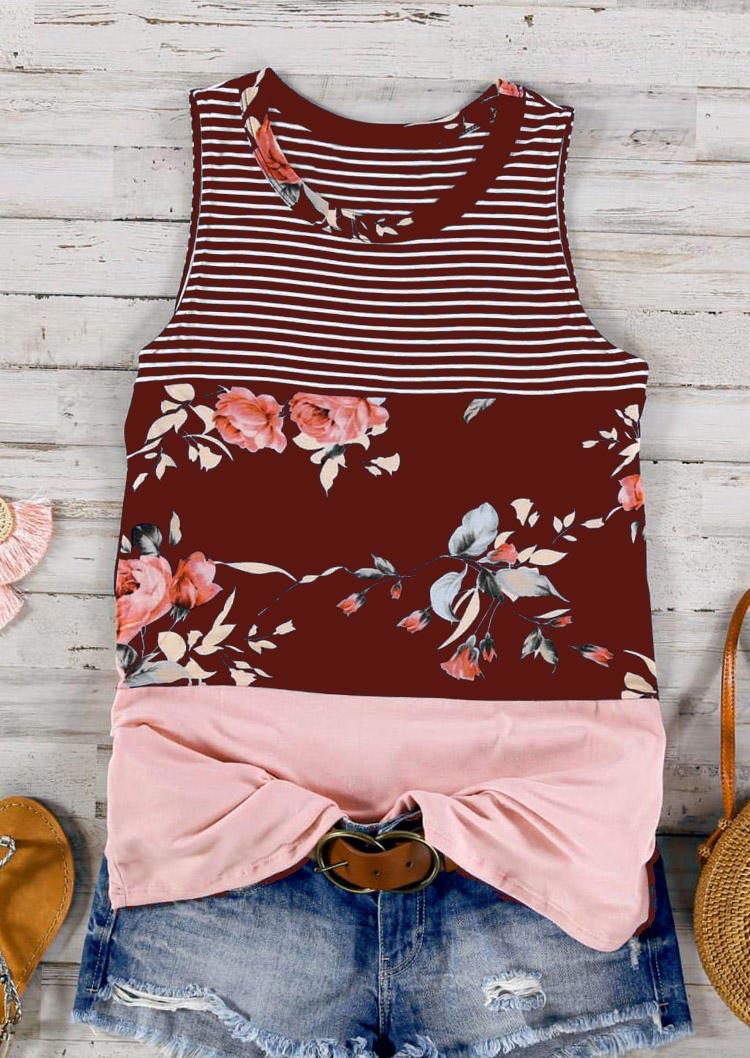 

Floral Striped O-Neck Tank - Burgundy, 504433
