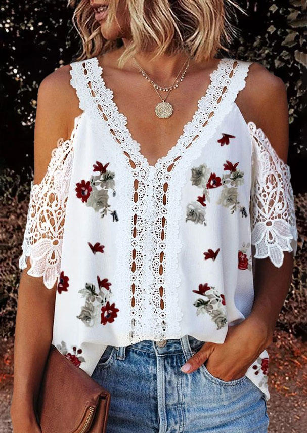 

Floral Hollow Out Lace Splicing Cold Shoulder Blouse - White, 504499