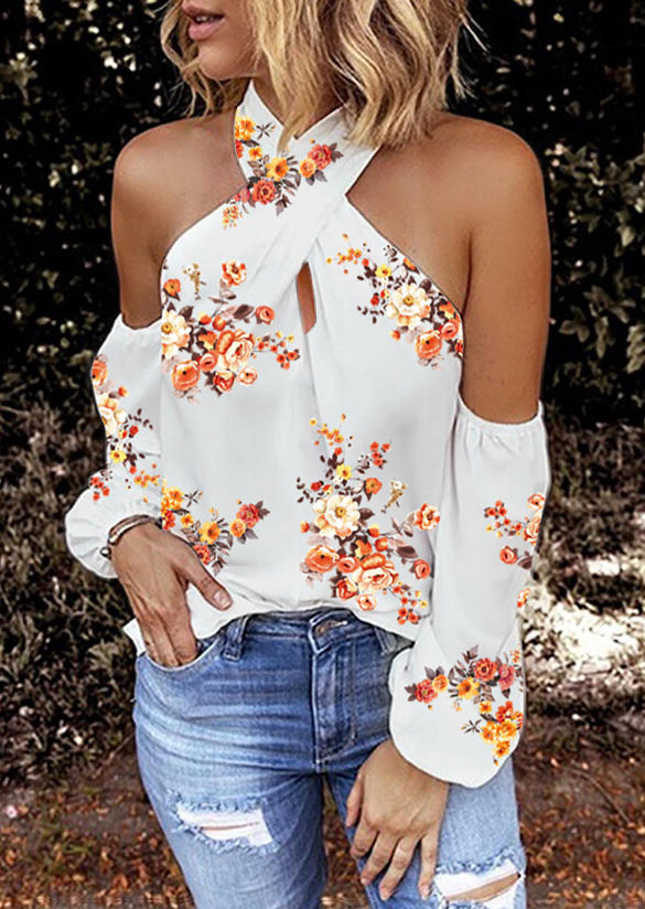 

Floral Criss-Cross Ruffled Cold Shoulder Blouse - White, 504503