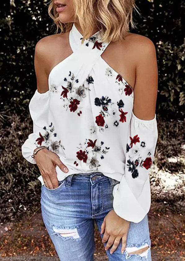 

Floral Halter Criss-Cross Ruffled Cold Shoulder Blouse - White, 504505