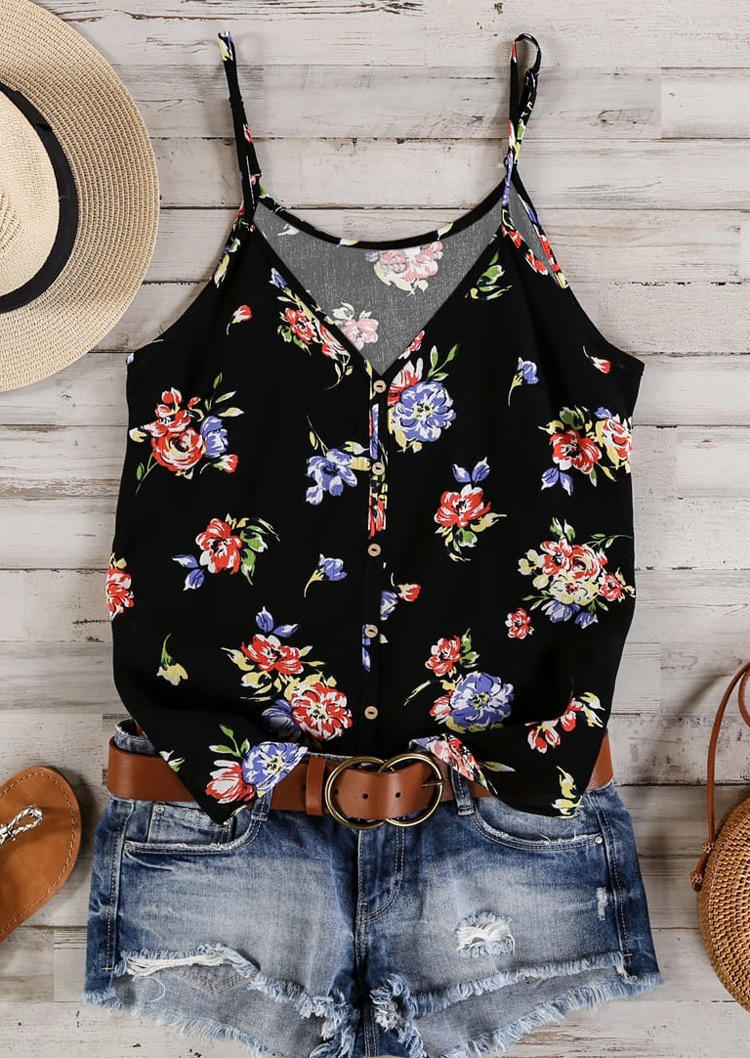 

Floral Button V-Neck Camisole - Black, 504003