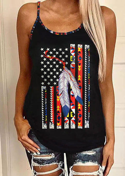 

American Flag Feather Star Criss-Cross Camisole - Black, 504343