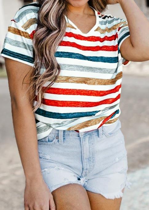 

Colorful Striped V-Neck Casual Blouse - White, 504399