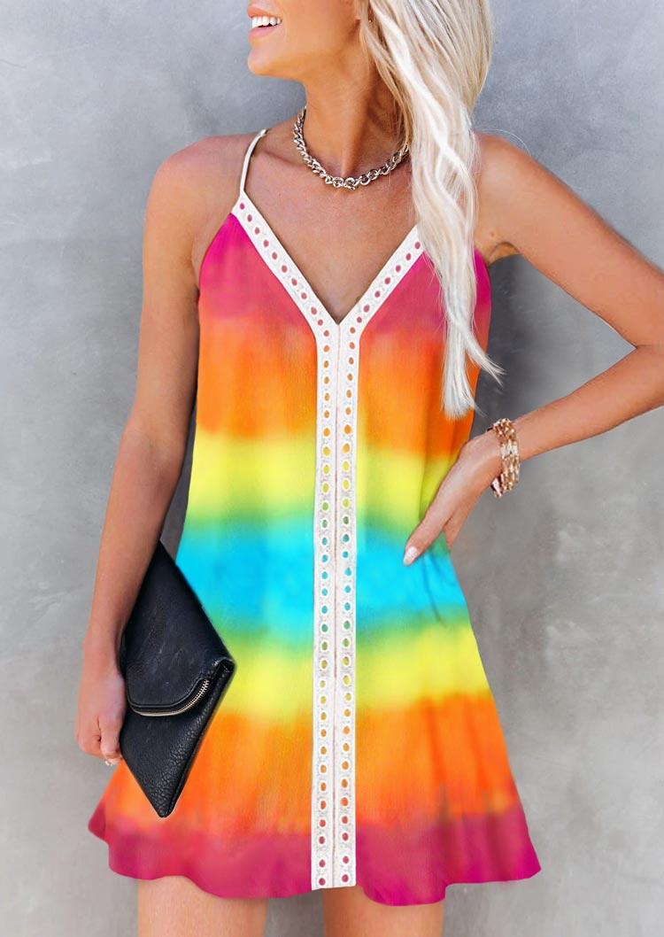 

Rainbow Lace Splicing Spaghetti Strap Mini Dress, Multicolor, 504411