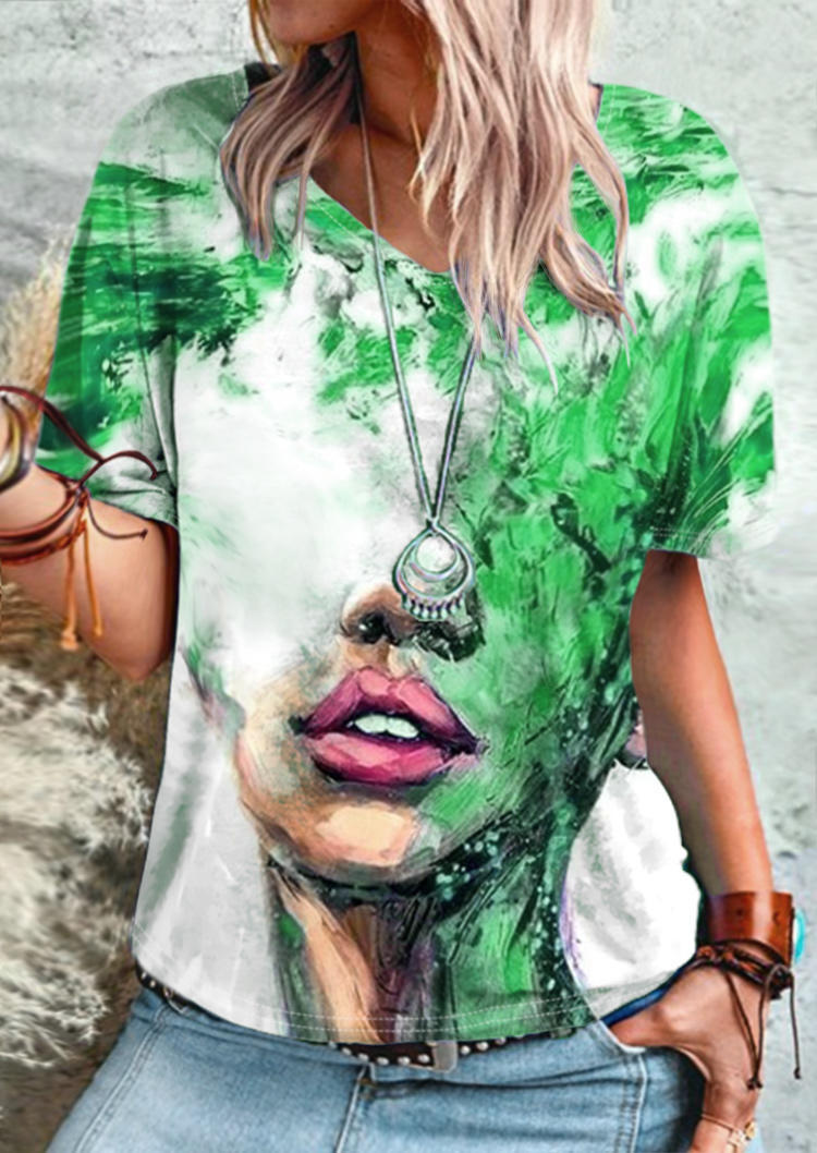 

Woman Portrait Painting Short Sleeve Blouse - Green, 504524