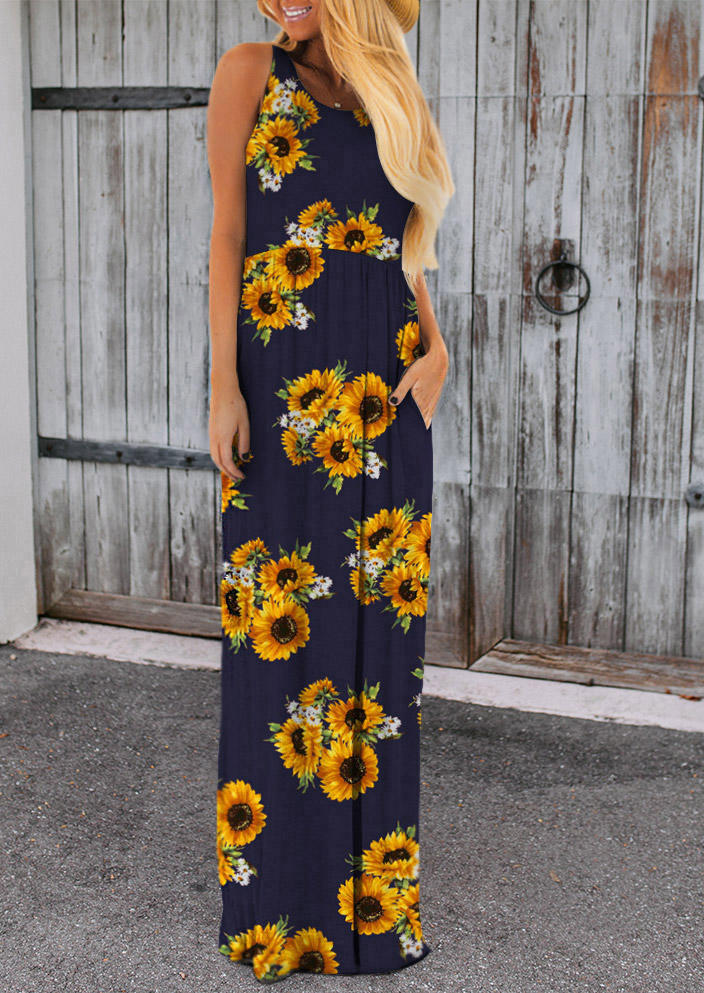

Sunflower Ruffled Pocket Sleeveless Maxi Dress - Navy Blue, 504206