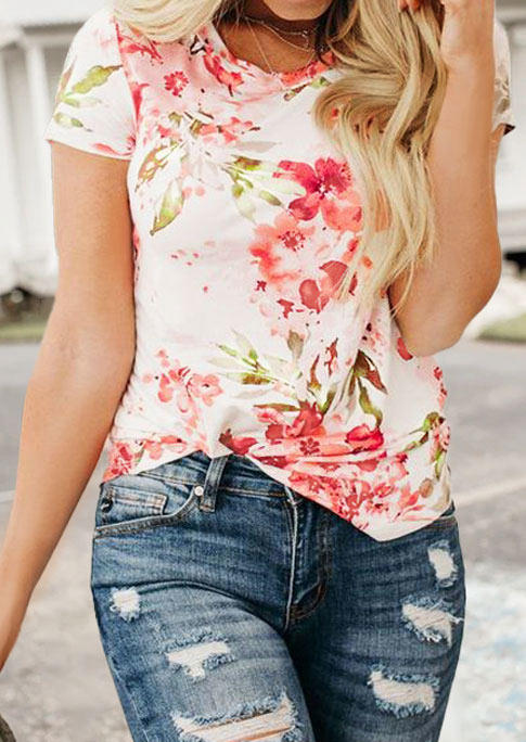 

Floral Leaf Short Sleeve O-Neck Blouse, Multicolor, 504288