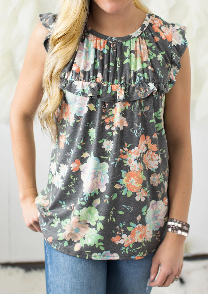 

Floral Ruffled O-Neck Tank, Multicolor, 504413
