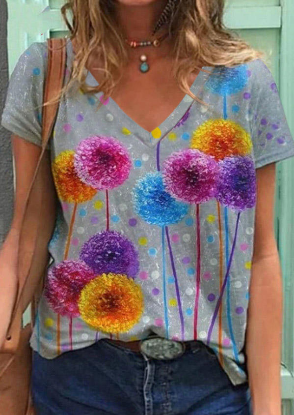 

Dandelion Short Sleeve V-Neck T-Shirt Tee, Multicolor, 504452