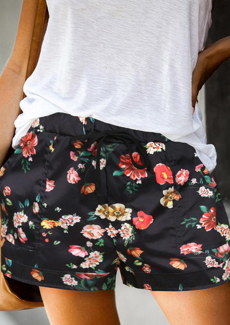 

Floral Pocket Drawstring Casual Shorts - Black, 504480