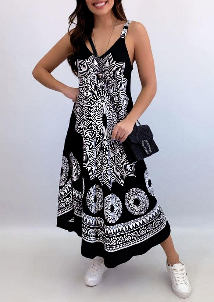 

Vintage Mandala Floral Spaghetti Strap Maxi Dress - Black, 504481