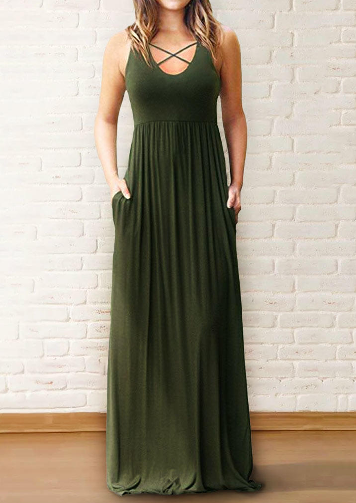 

Criss-Cross Ruffled Pocket Sleeveless Maxi Dress - Green, 504512
