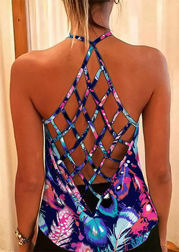 

Colorful Feather Criss-Cross Open Back Camisole, Multicolor, 504517