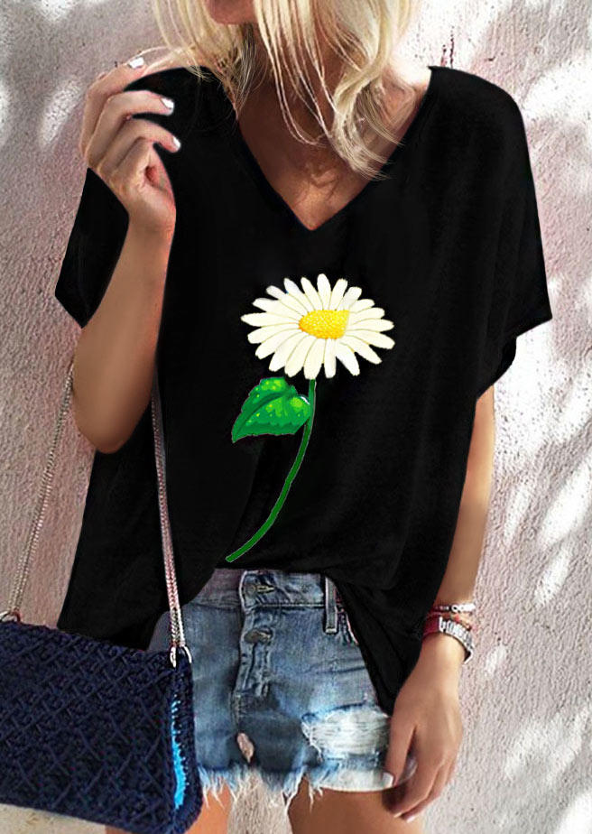 

Daisy Leaf V-Neck Blouse - Black, 504521