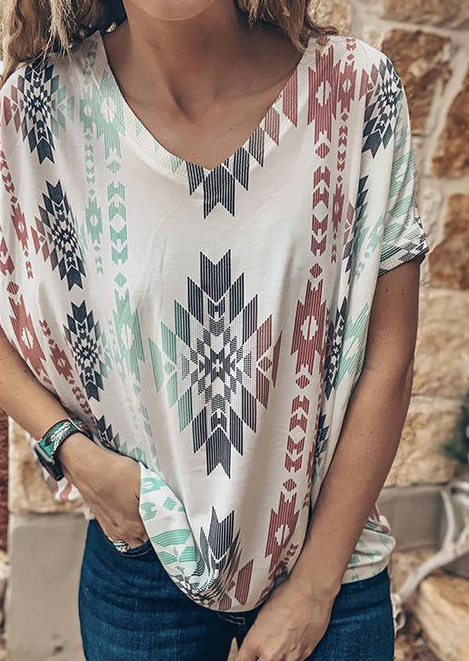 

Western Aztec Geometric Short Sleeve Blouse, Multicolor, 504633