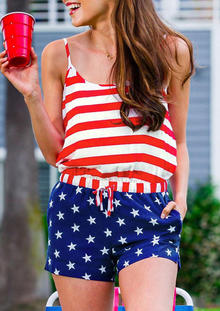 

American Flag Star Striped Drawstring Pocket Romper, Multicolor, 504643