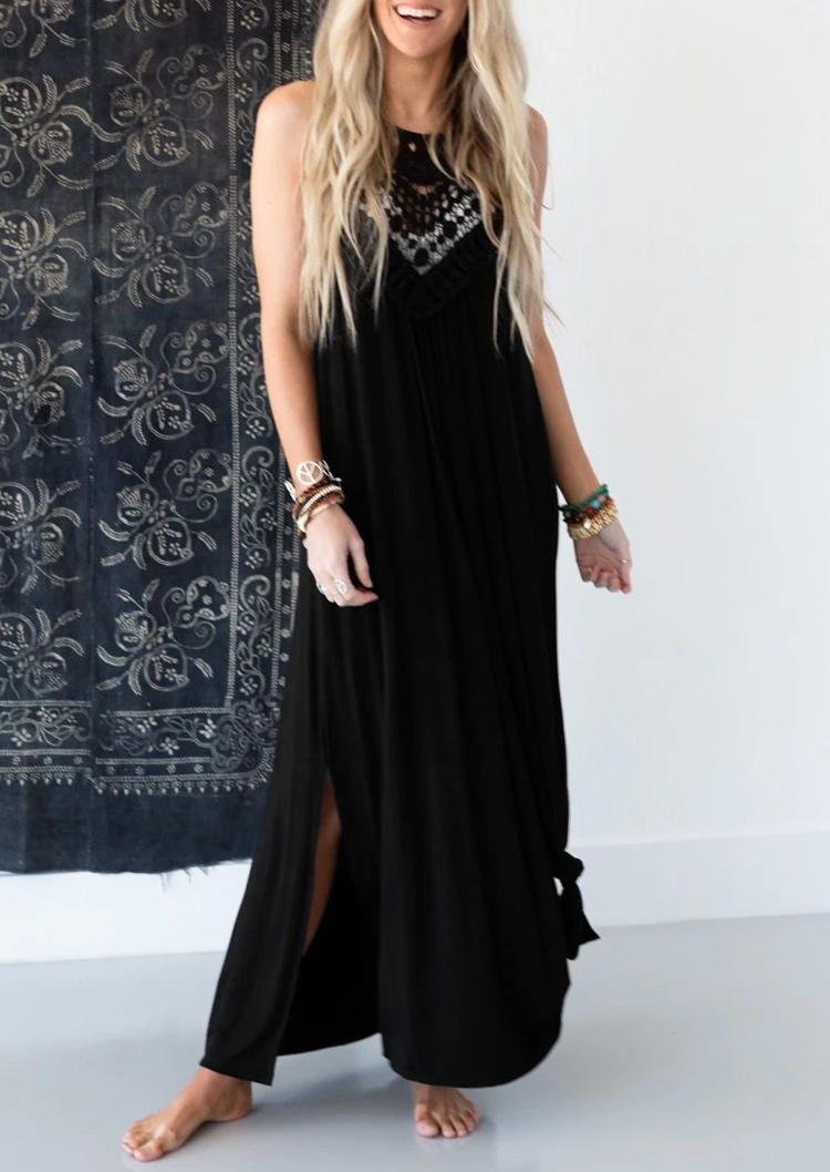 

Lace Splicing Slit Sleeveless Maxi Dress - Black, 504655