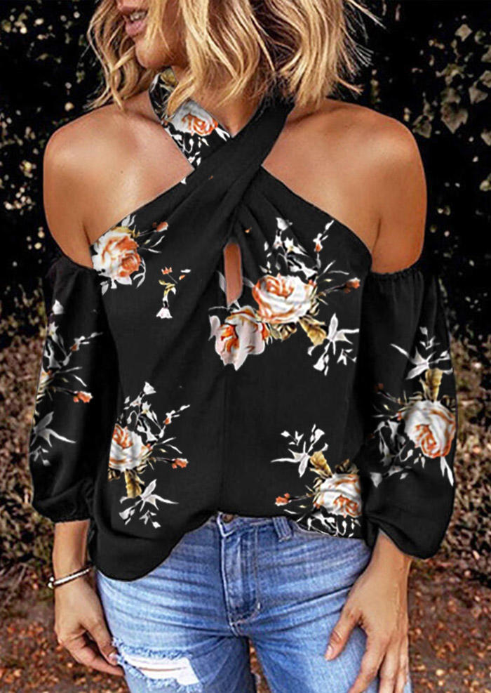 

Floral Criss-Cross Ruffled Cold Shoulder Blouse - Black, 504710