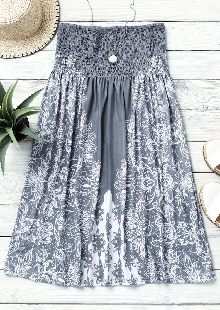 Floral Smocked Waist Strapless Ruffled Mini Dress - Gray