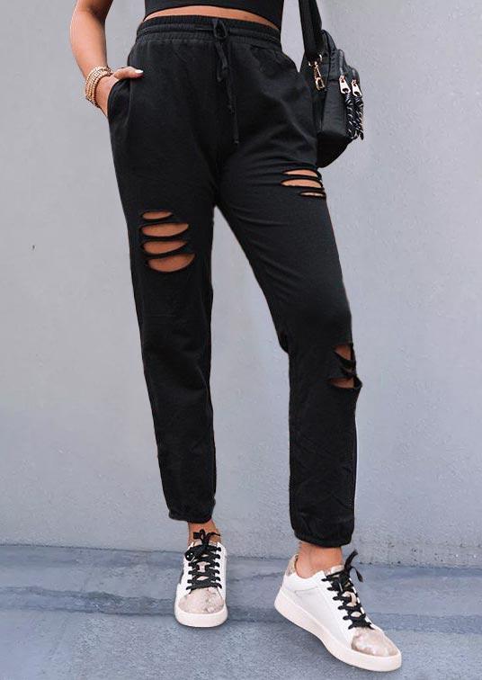 

Hollow Out Pocket Drawstring High Waist Pants - Black, 500528