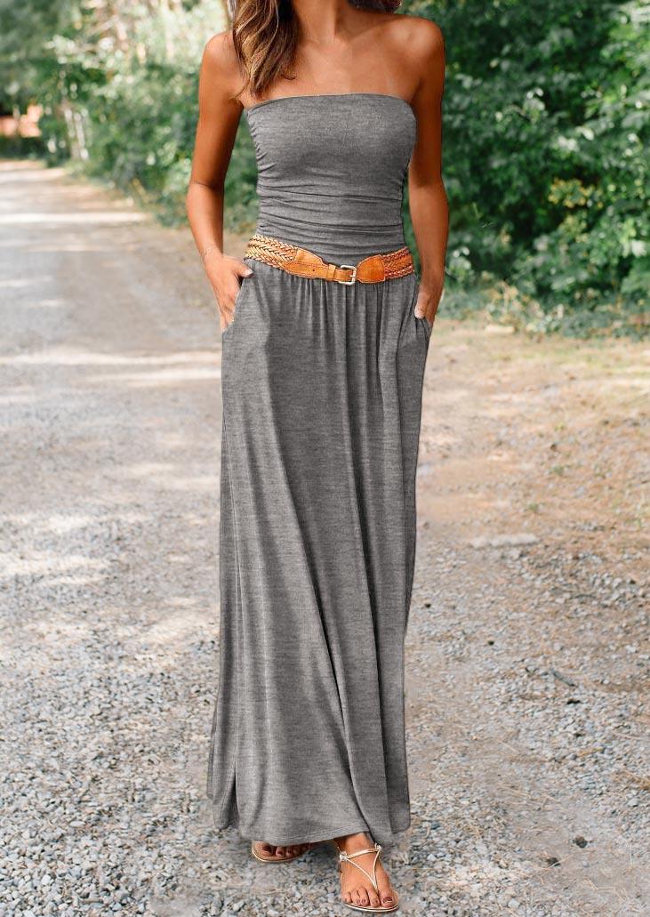 

Pocket Ruffled Strapless Maxi Dress - Gray, 503776