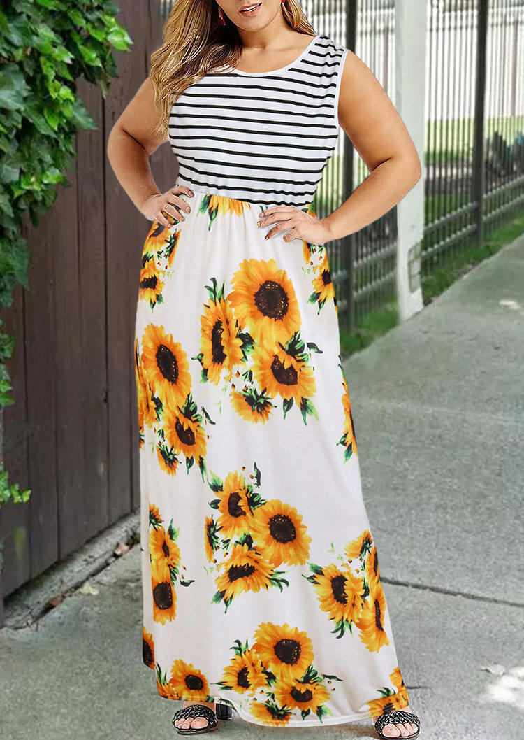 

Plus Size Striped Sunflower Sleeveless Elastic Waist Maxi Dress, Multicolor, 503949