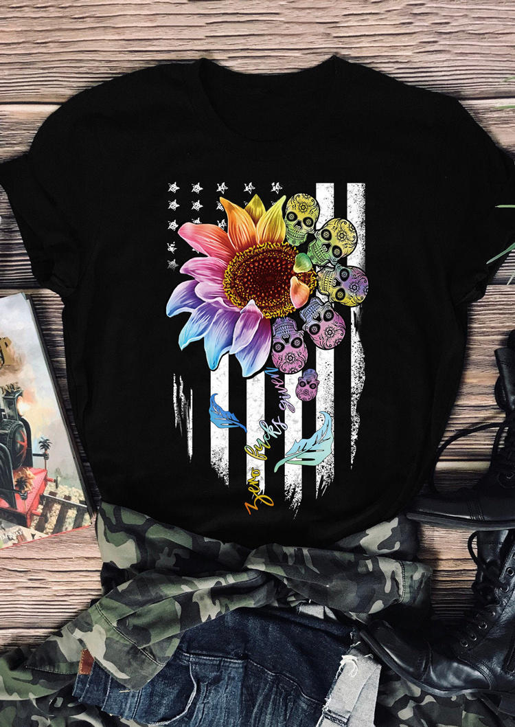 

Colorful Sunflower Skull American Flag T-Shirt Tee - Black, 504032