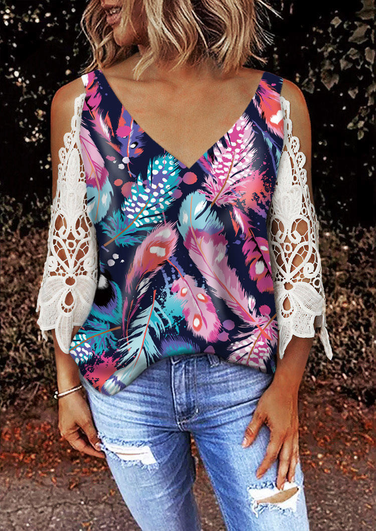 

Lace Feather Hollow Out Cold Shoulder Blouse, Multicolor, 504601