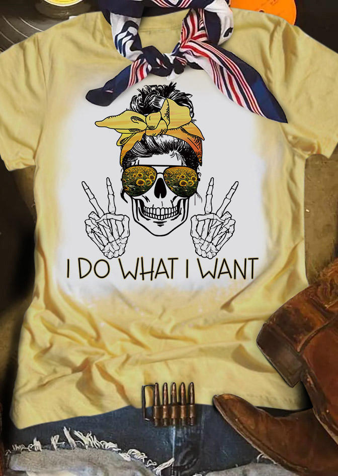 

I Do What I Want Skull Bowknot Sunflower T-Shirt Tee - Yellow, 504608