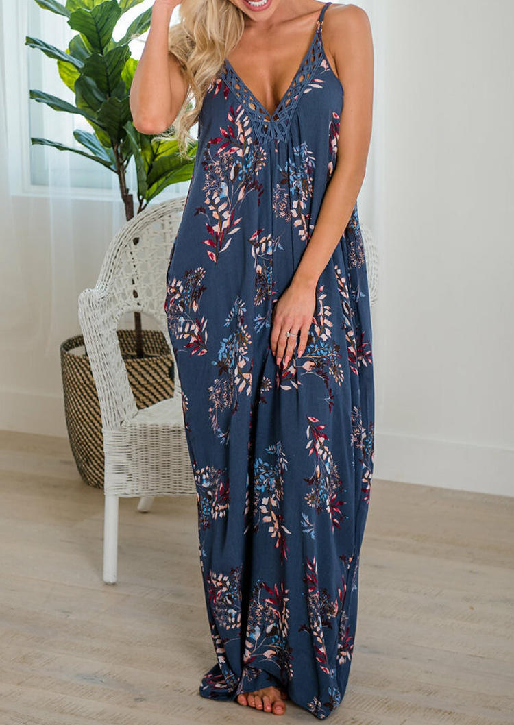 

Floral Pocket Hollow Out Spaghetti Strap V-Neck Maxi Dress - Blue, 504767