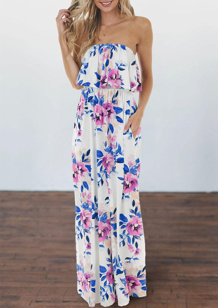 

Floral Layered Strapless Pocket Elastic Waist Maxi Dress - White, 504772