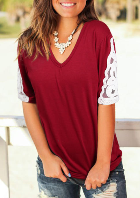 

Lace Splicing Short Sleeve V-Neck Blouse - Burgundy, 504518