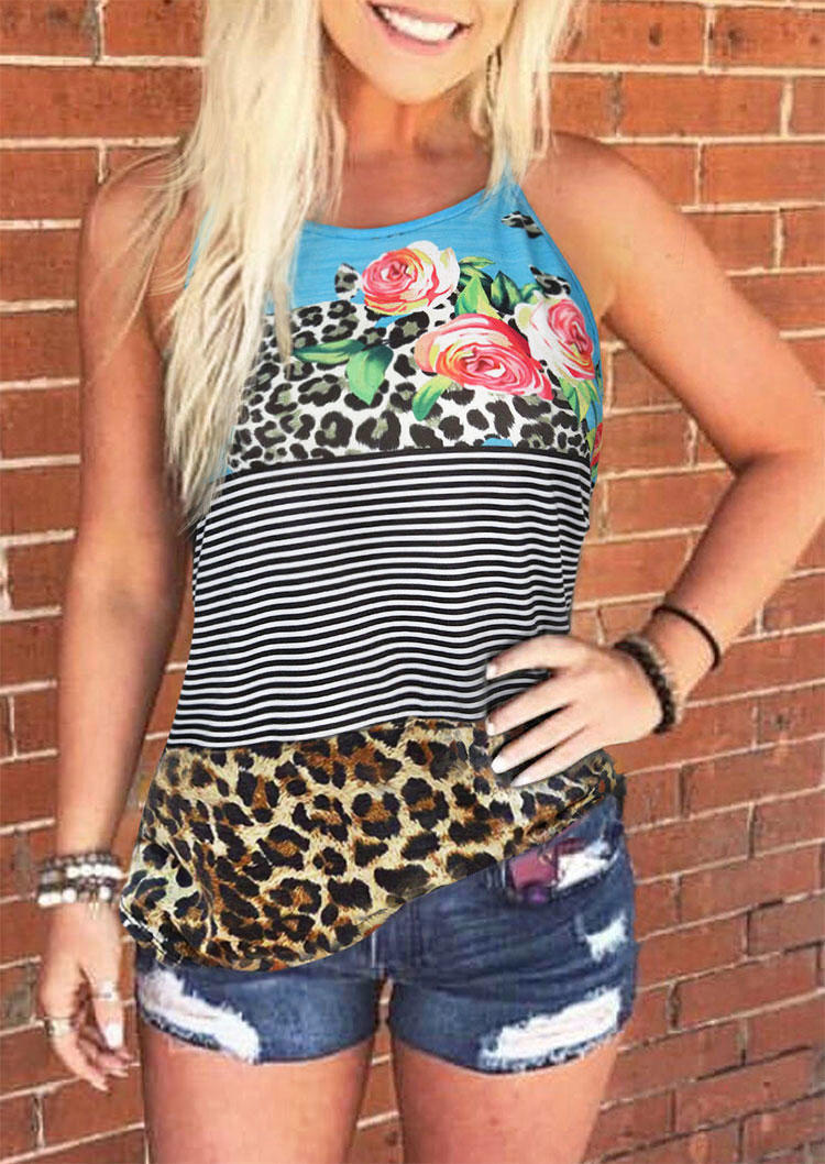 

Leopard Striped Floral Sleeveless Tank, Multicolor, 504531