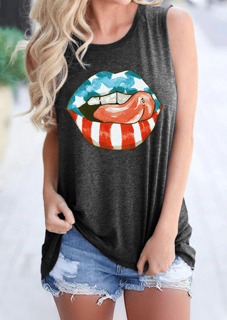 

American Flag Star Striped Lips Tank - Dark Grey, 504550