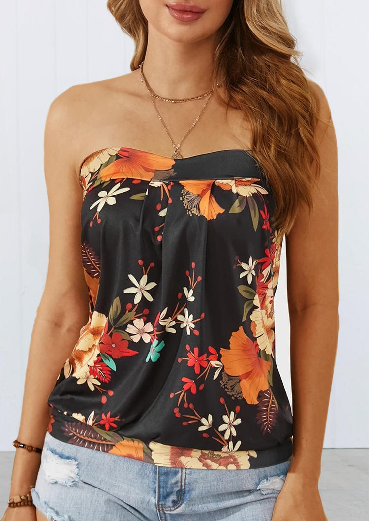 

Floral Ruffled Strapless Tank - Black, 504650