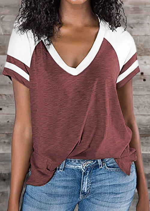 

Color Block Raglan Sleeve V-Neck Blouse - Cameo Brown, 504670