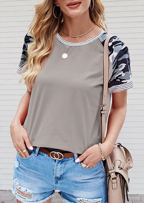 

Camouflage Striped Splicing Raglan Sleeve Blouse - Gray, 504708