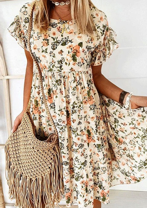 

Floral Ruffled Short Sleeve O-Neck Mini Dress, Multicolor, 504729