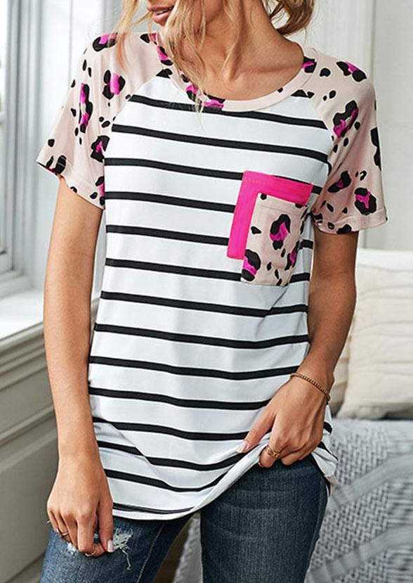 

Striped Leopard Splicing Pocket Raglan Sleeve Blouse, Multicolor, 504734