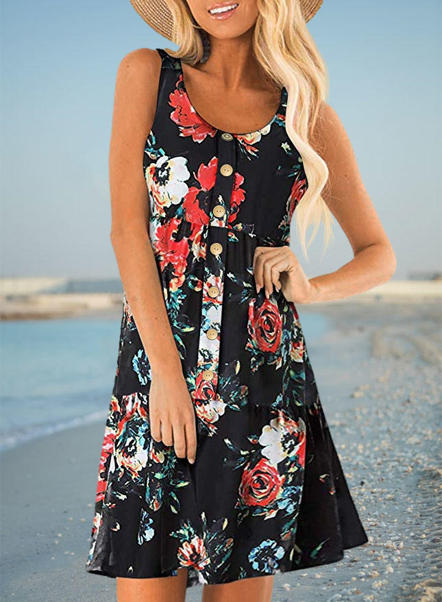 Floral Ruffled Button Sleeveless Mini Dress - Black, 504741