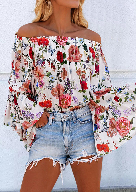 

Floral Off Shoulder Flare Sleeve Blouse, Multicolor, 504797